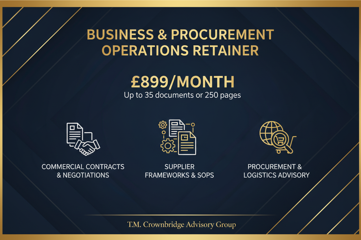 Business & Procurement Operations Retainer — £899 / month
Up to 35 documents or 250 pages

Combines:

commercial contracts and negotiations

supplier frameworks and SOPs

procurement and logistics advisory

Ideal for SMEs without in-house commercial teams.... use company name