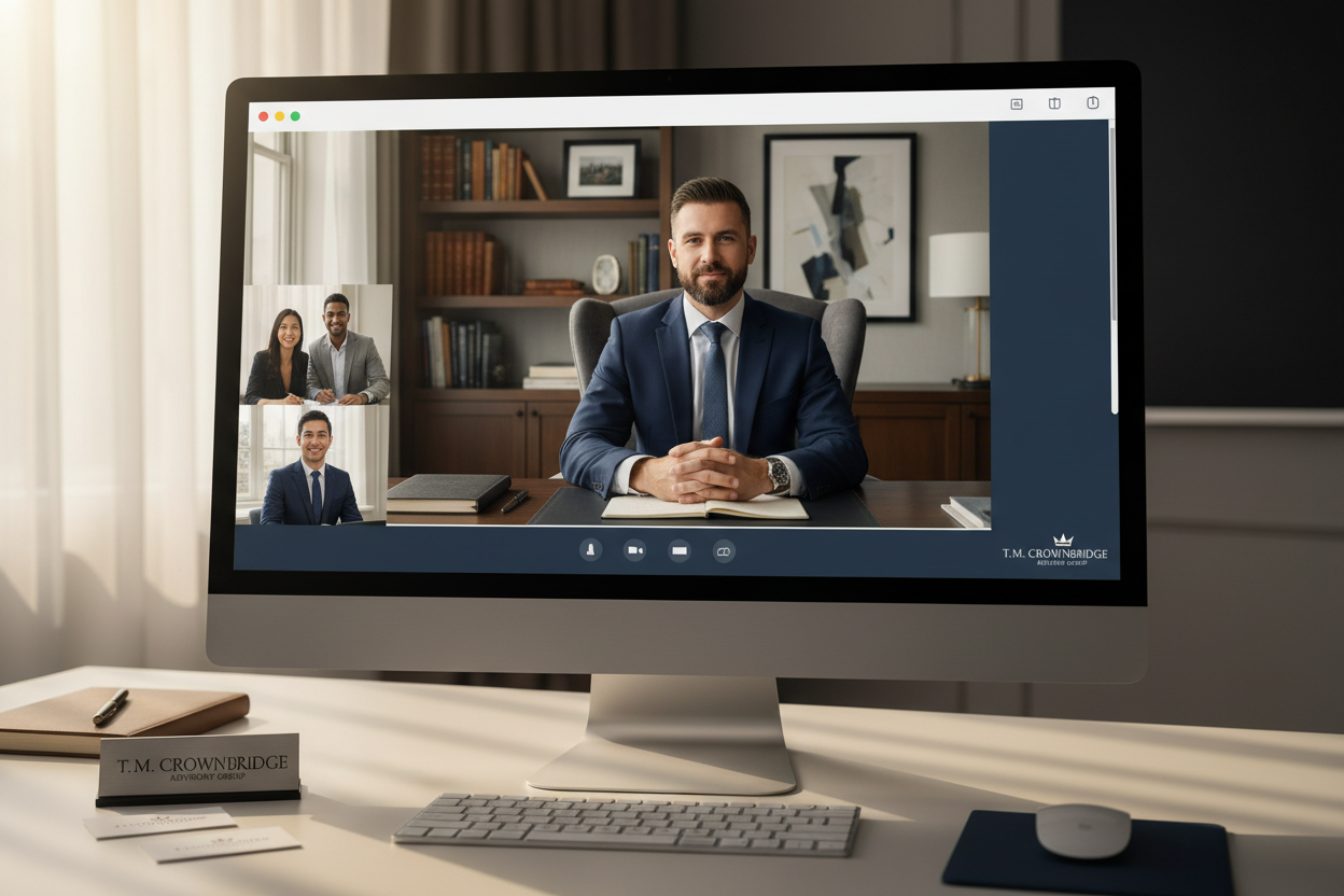 create a virtual meeting image of our company providing a consultation. imbed the company name discreetly in the image