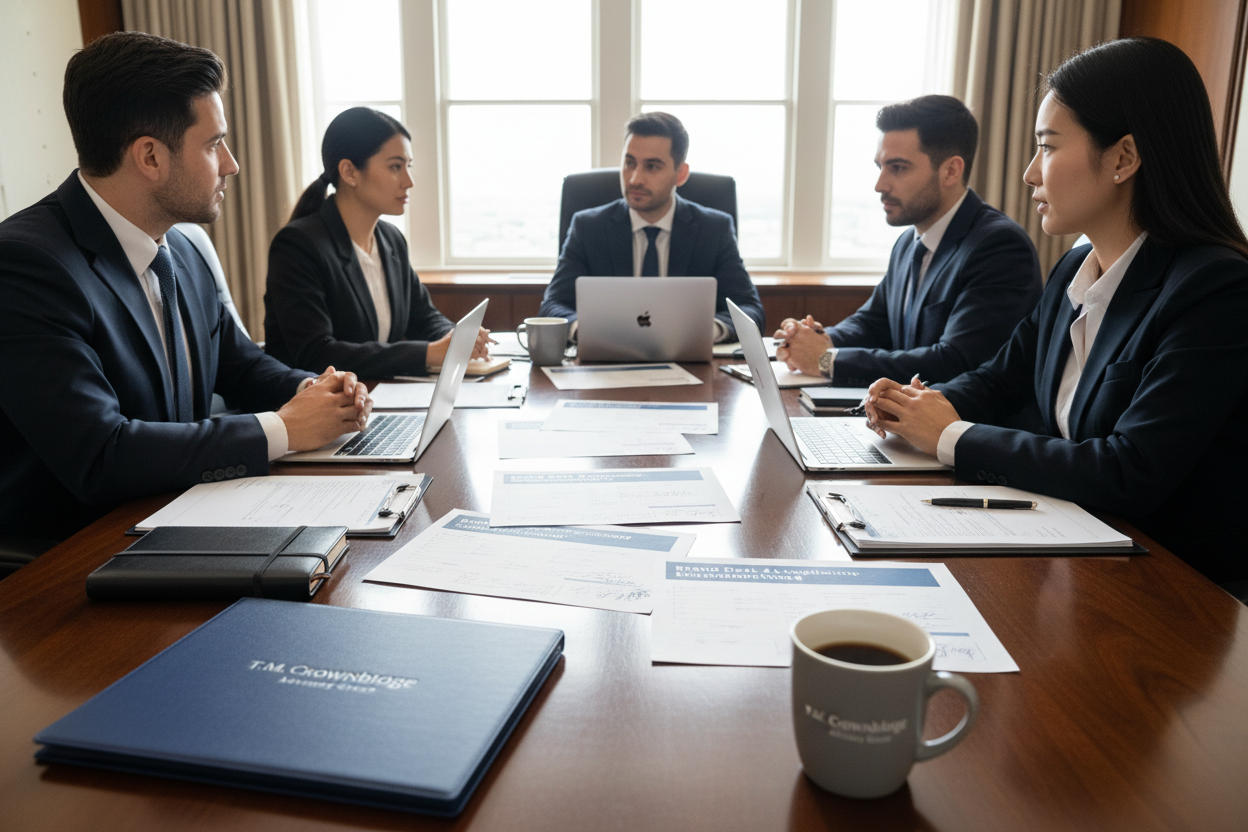 create another image with our company name subtle in the image e.g. on a mug or folder... the image i want is our company reviewing a Brand Deal Advisory & Negotiation Notes for a client