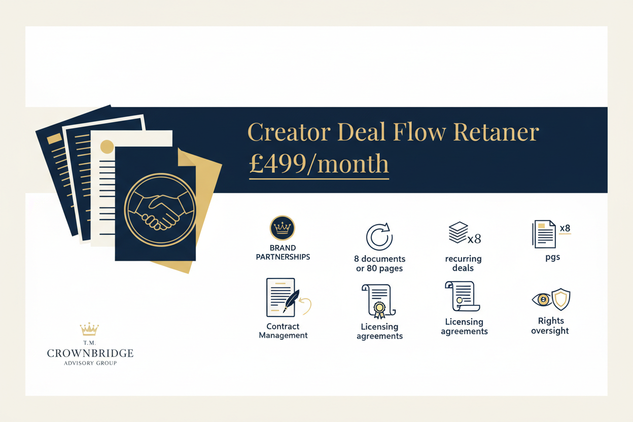 Creator Deal Flow Retainer — £499 / month
Up to 8 documents or 80 pages

For creators managing recurring brand deals, licensing, and contracts with consistent rights oversight.... use company name