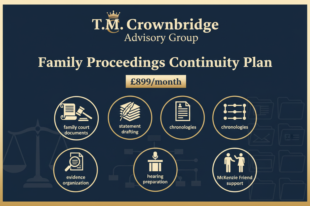 Family Proceedings Continuity Plan — £899 / month
Up to 30 documents or 200 pages

Combines:

family court document preparation

statement drafting and updates

chronologies and evidence organisation

hearing preparation

McKenzie Friend–type support (non-advocacy)

Designed for litigants in person navigating multi-stage proceedings.... use company name